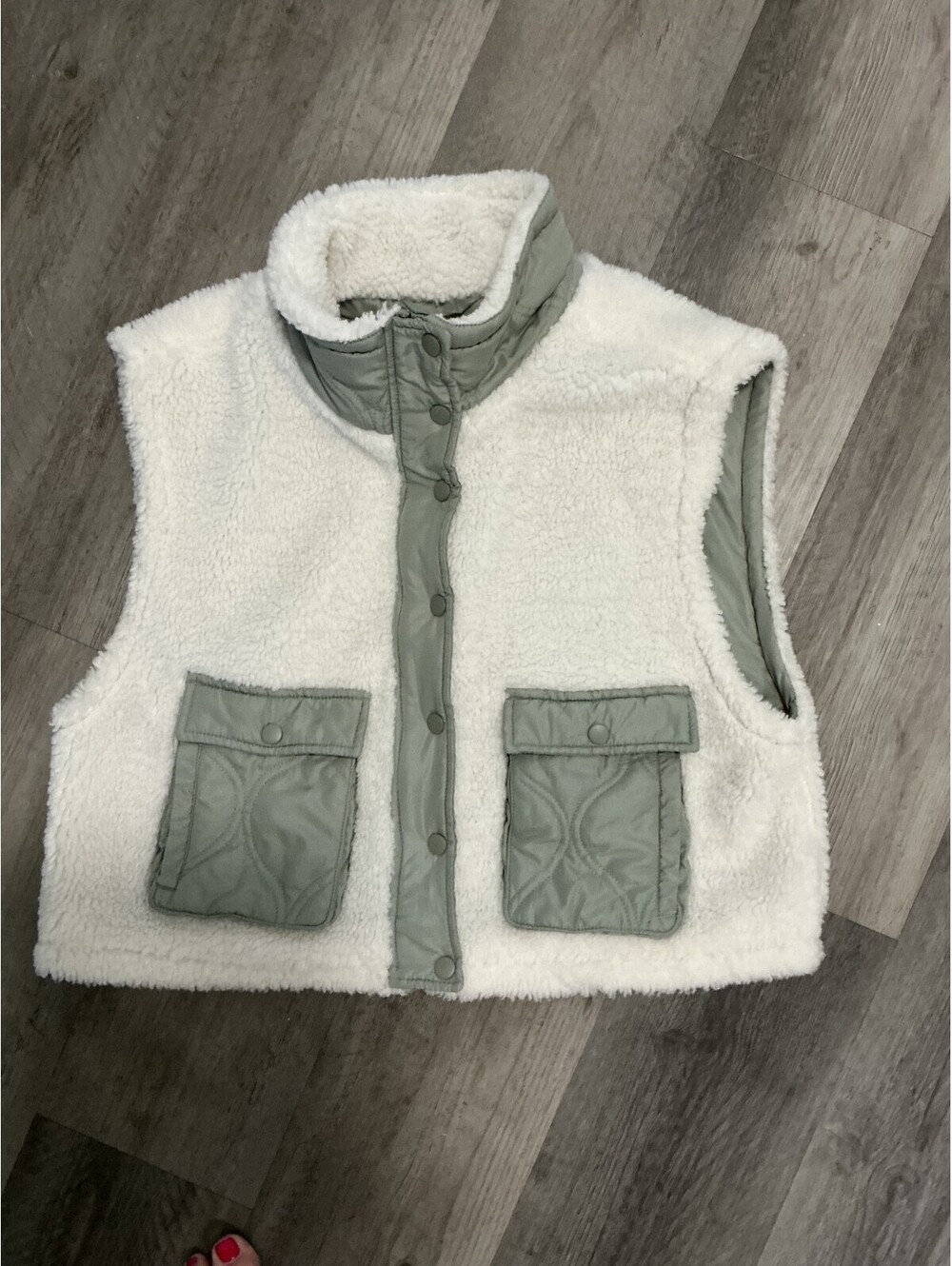 Altar'd State Womens White Grey Sherpa Fleece Full Zip Vest Size XL Pockets #465